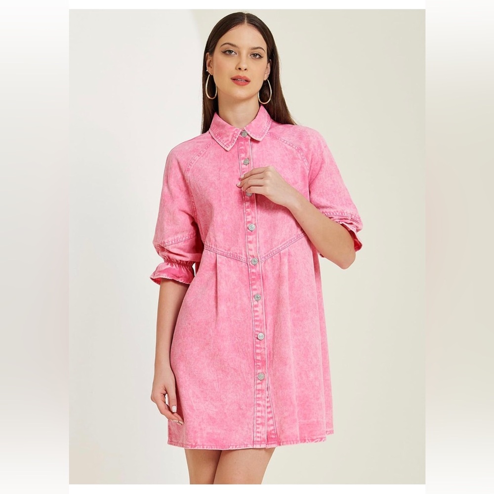 Pink Button-Front Shirt Dress